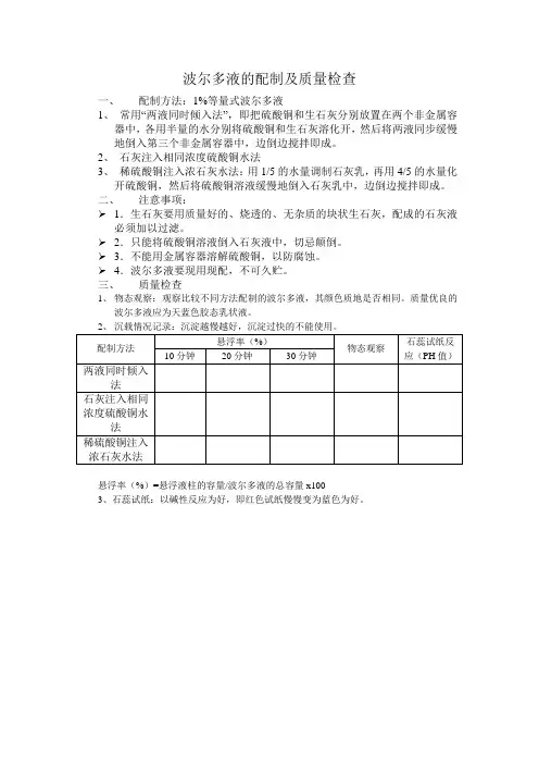 波尔多液的配制及质量检查