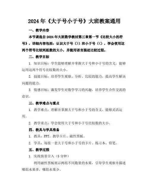 2024年《大于号小于号》大班教案通用