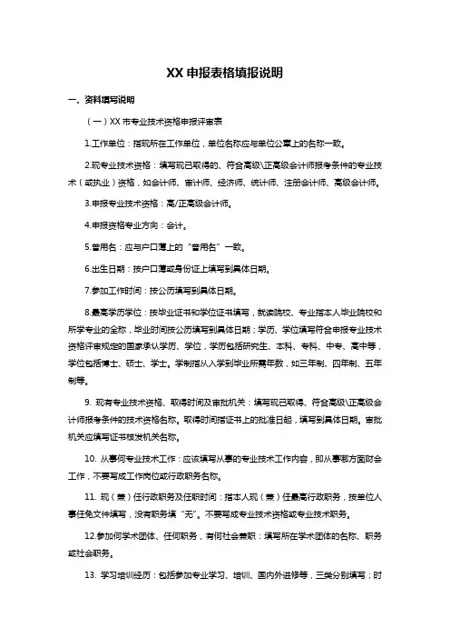 XX申报表格填报说明