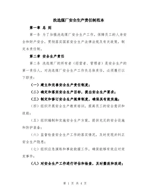 洗选煤厂安全生产责任制范本