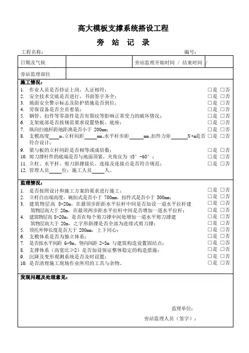高大模板支撑系统搭设工程监理旁站记录