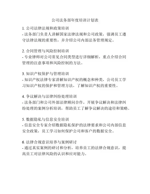 公司法务部年度培训计划表