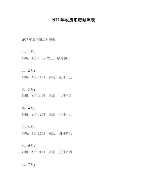1977年农历阳历对照表