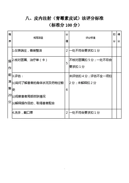 八.皮内注射(青霉素皮试)法评分标准