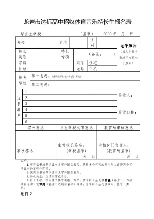 龙岩市达标高中招收体育音乐特长生报名表【模板】