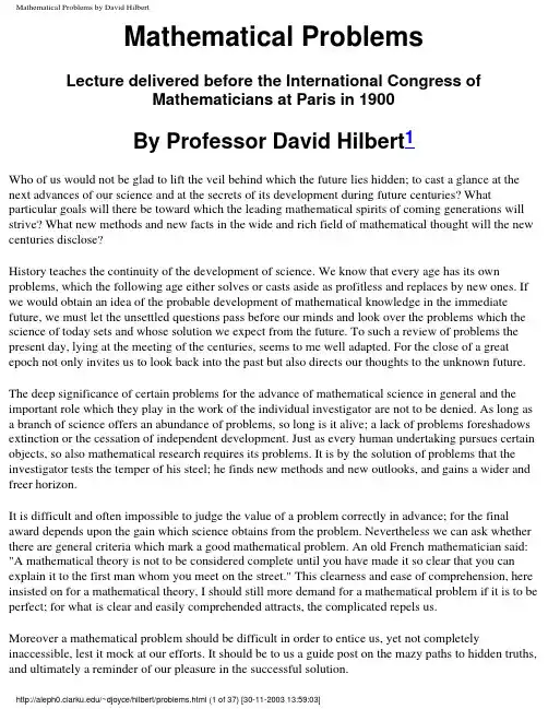 David Hilbert - Mathematical Problems