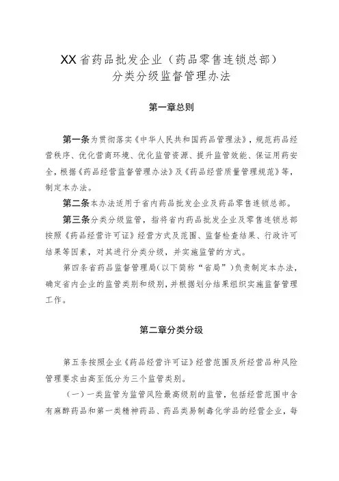 药品批发企业(药品零售连锁总部)分类分级监督管理办法