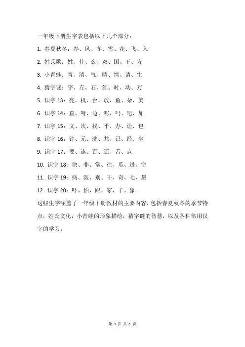 一年级下册生字表大全