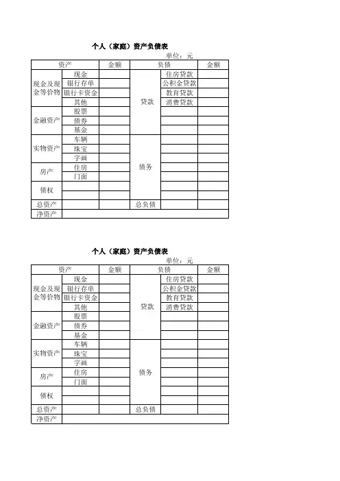 个人(家庭)资产负债表