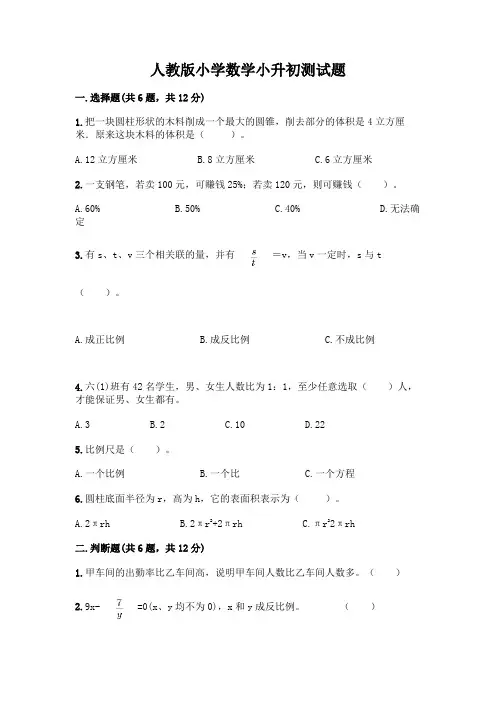 人教版小学数学小升初测试题及完整答案【全优】附参考答案【完整版】