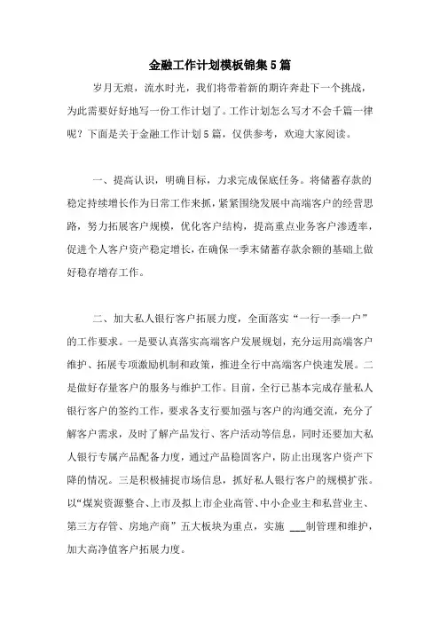 2021年金融工作计划模板锦集5篇