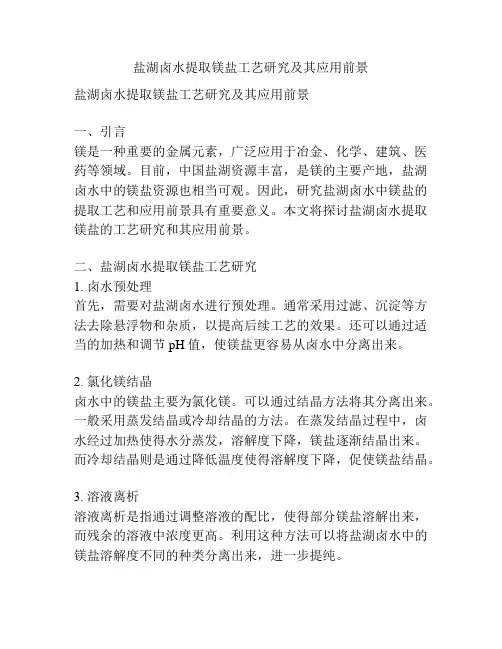 盐湖卤水提取镁盐工艺研究及其应用前景
