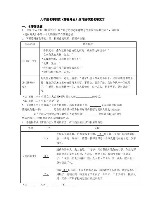 九年级名著阅读《儒林外史》练习附答案名著复习
