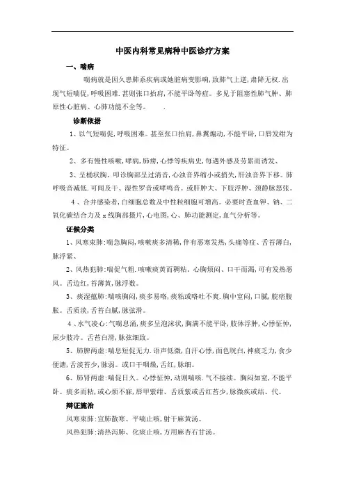 中医内科常见病种中医诊疗方案