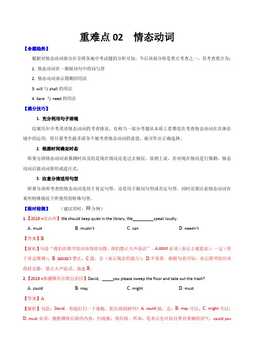 2020年中考英语重难点专练二 情态动词(含答案)