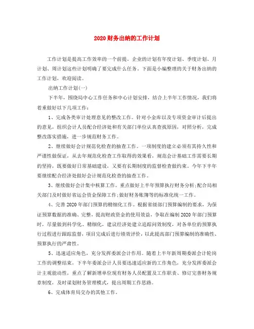 2020财务出纳的工作计划