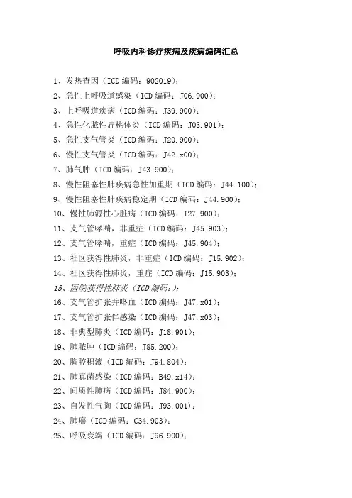 呼吸内科诊疗疾病及编码