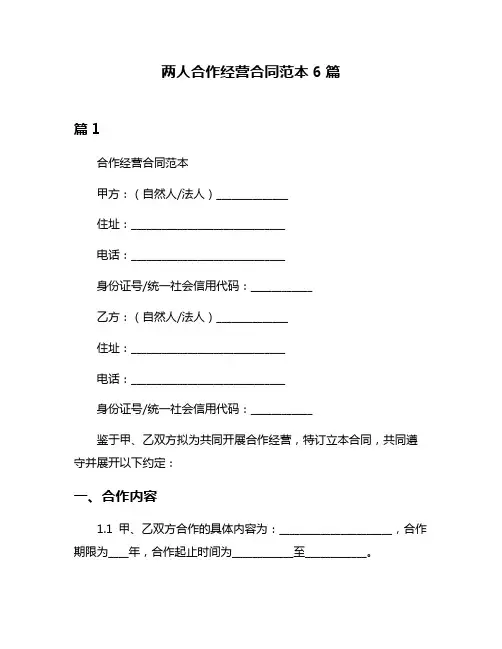 两人合作经营合同范本6篇