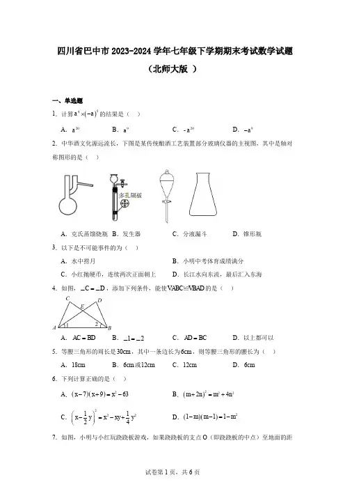 四川省巴中市2023-2024学年七年级下学期期末考试数学试题(北师大版)
