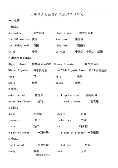 新闽教版小学英语六年级知识点归纳