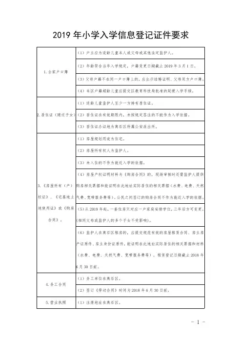 2019年小学入学信息登记证件要求