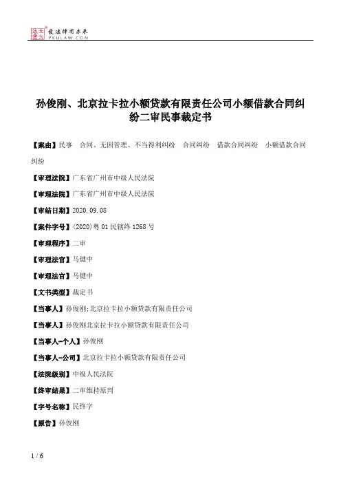 孙俊刚、北京拉卡拉小额贷款有限责任公司小额借款合同纠纷二审民事裁定书