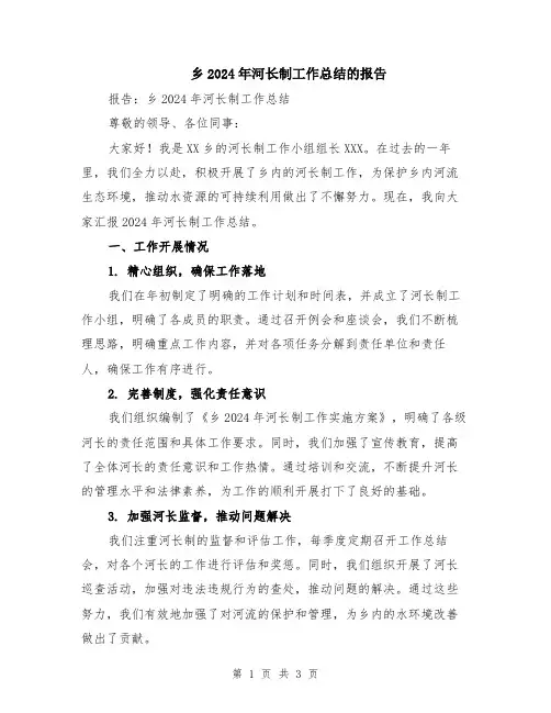 乡2024年河长制工作总结的报告