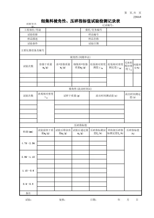细集料棱角性、压碎指标试验检测记录表