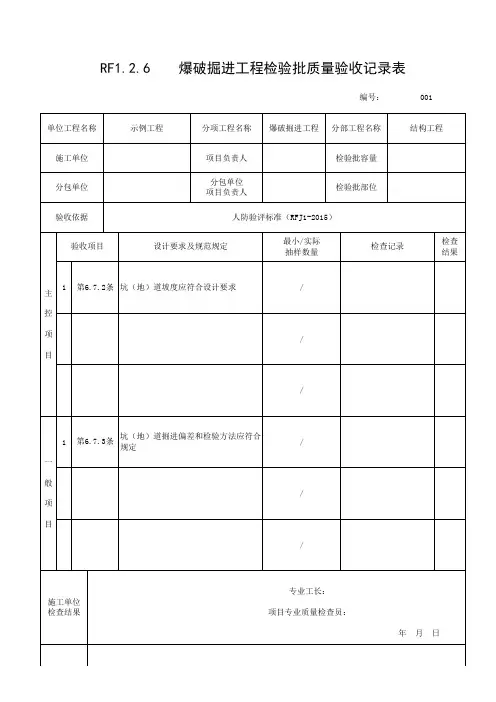 人防用表爆破掘进工程检验批质量验收记录表