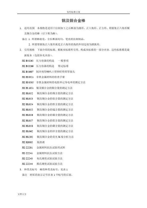 JISH3250-2006铜及铜合金棒材实用标准