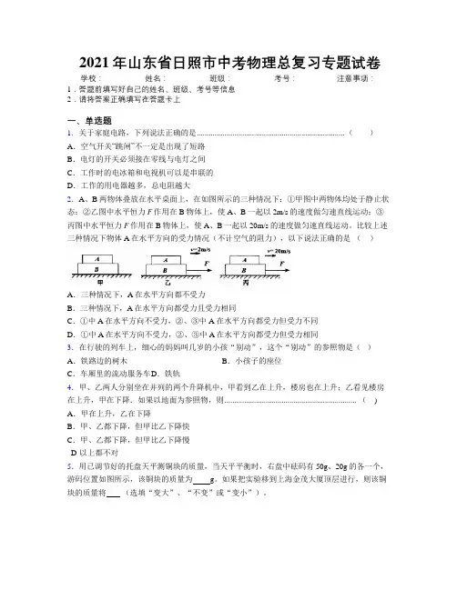 2021年山东省日照市中考物理总复习专题试卷及解析