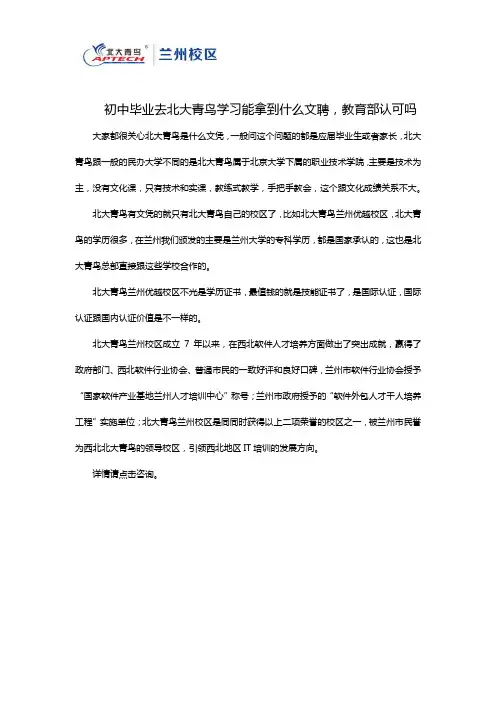 初中毕业去北大青鸟学习能拿到什么文聘,教育部认可吗