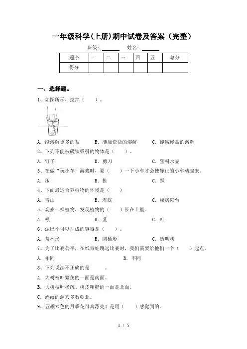 一年级科学(上册)期中试卷及答案(完整)