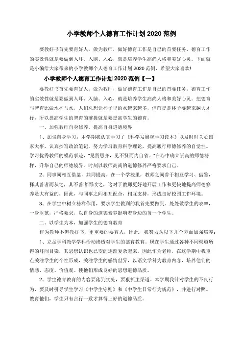 小学教师个人德育工作计划2020范例