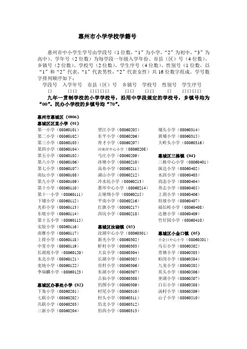 惠州市小学学校学籍号