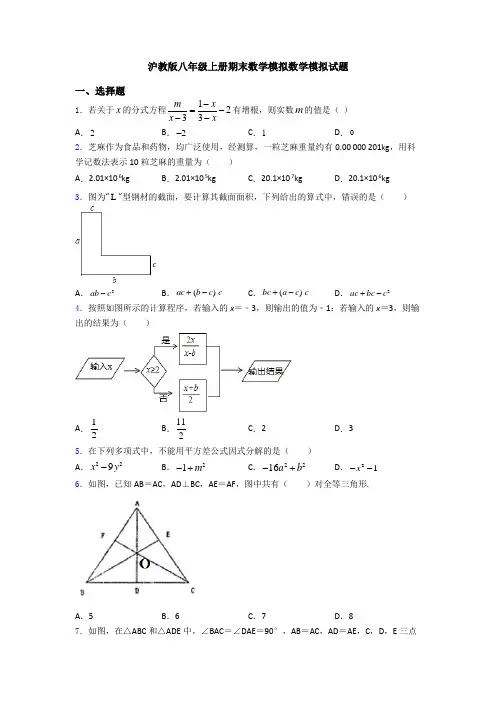 沪教版八年级上册期末数学模拟数学模拟试题