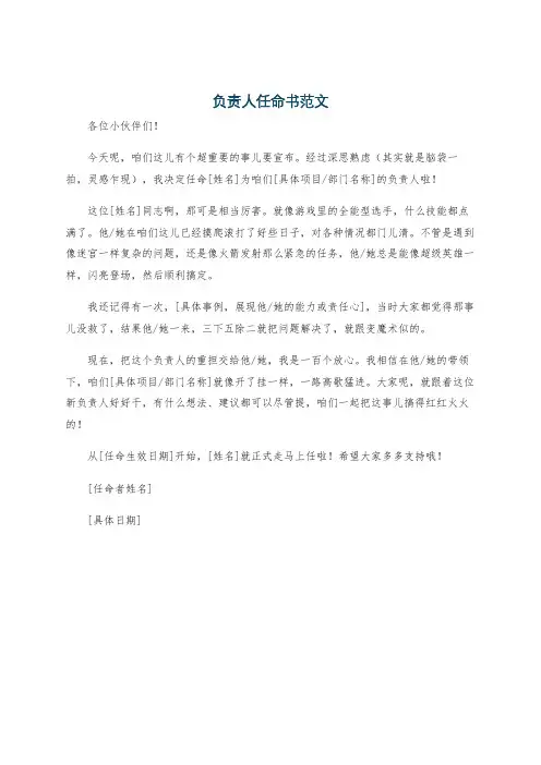 负责人任命书范文