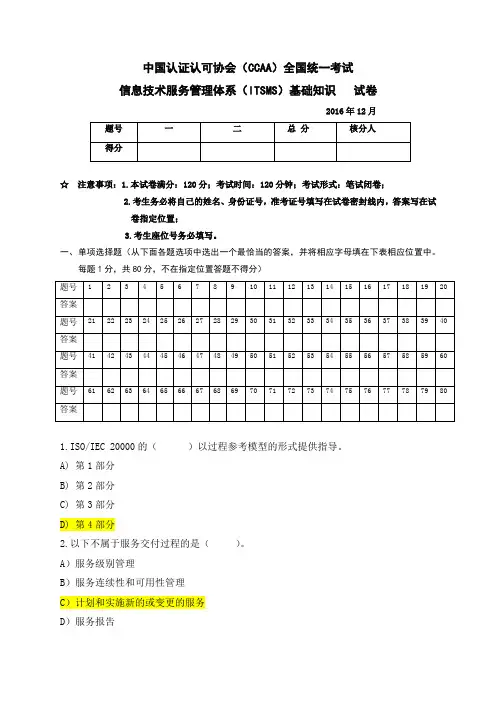 201612CCAAITSMS试题(参考答案版)