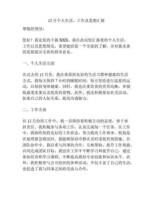 12月个人生活、工作及思想汇报