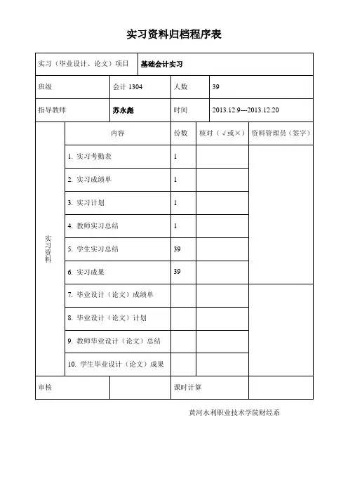 (会计专业)基础会计实习计划、总结、封面、归档程序表等