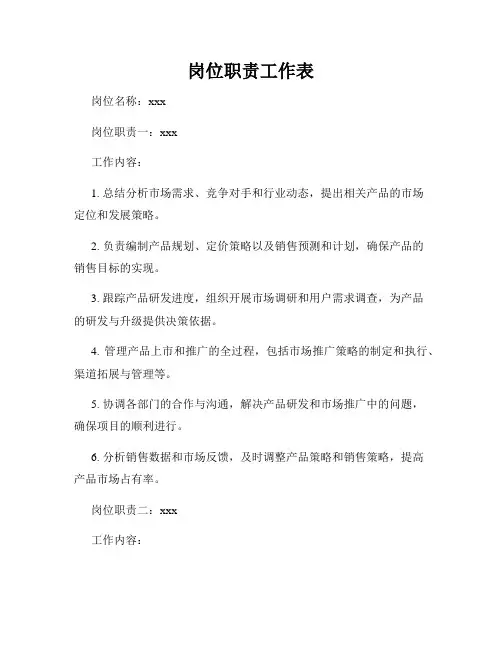 岗位职责工作表
