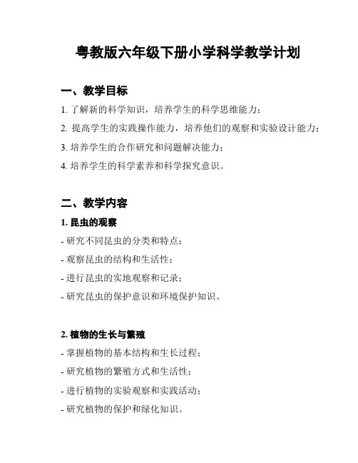 粤教版六年级下册小学科学教学计划