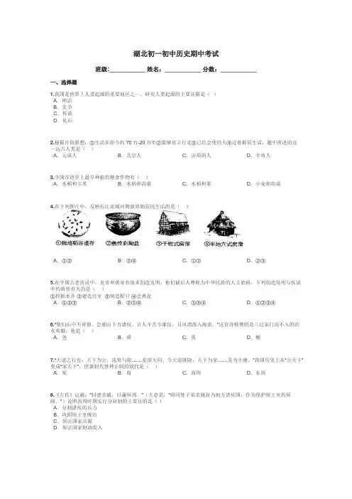 湖北初一初中历史期中考试带答案解析
