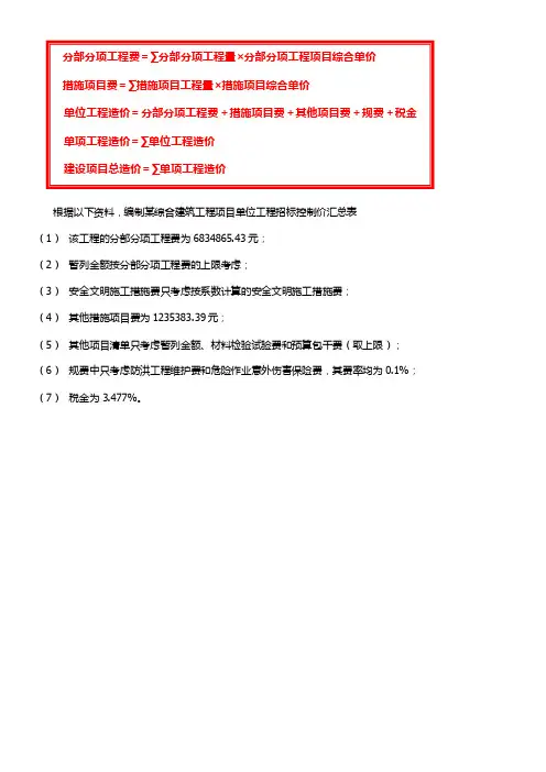 单位工程招标控制价汇总表计算