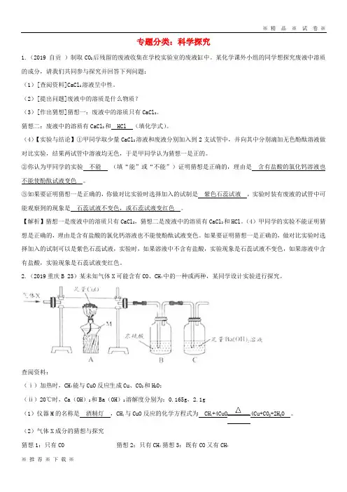 (人教版)2020中考化学真题分类汇编 专题分类 科学探究(含解析)