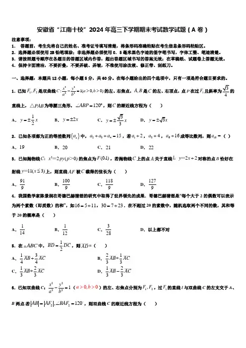 安徽省“江南十校”2024年高三下学期期末考试数学试题(A卷)