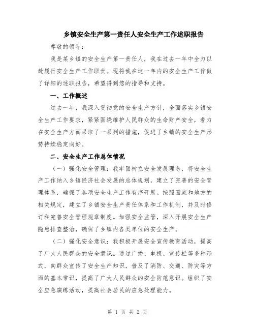 乡镇安全生产第一责任人安全生产工作述职报告