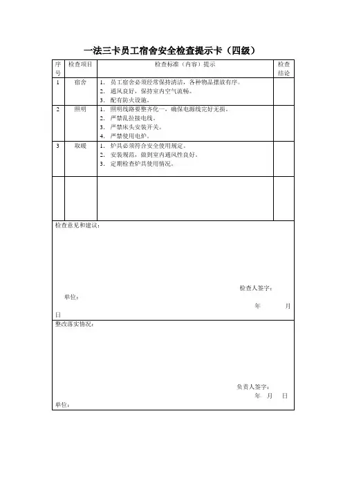 一法三卡员工宿舍安全检查提示卡四级