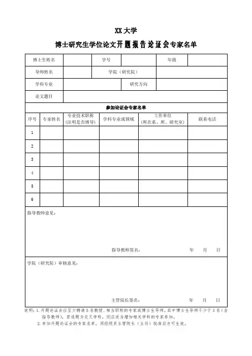 博士生学位论文开题报告论证会专家名单表格及意见书