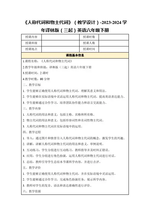 《人称代词和物主代词》(教学设计)-2023-2024学年译林版(三起)英语六年级下册